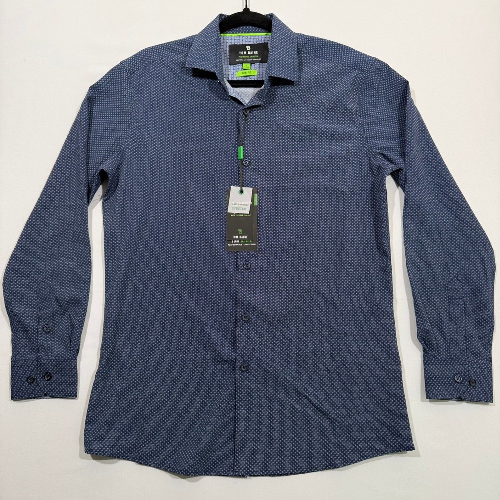 Tom Baine Shirt Mens S Navy Blue Geometric Performance‎ Slim Fit NWT QuietLuxury
